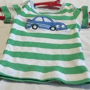 Green and White Striped Kids Toy Shirt with Car Design